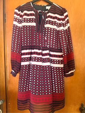 LOFT Red, Black and White Geometric Long-Sleeve Dress
